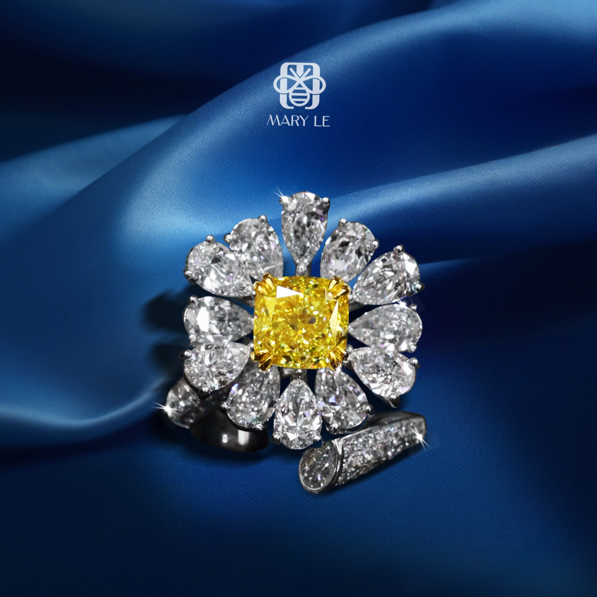 Solar Blossom Cushion Fancy Deep Yellow Diamond Ring | M252