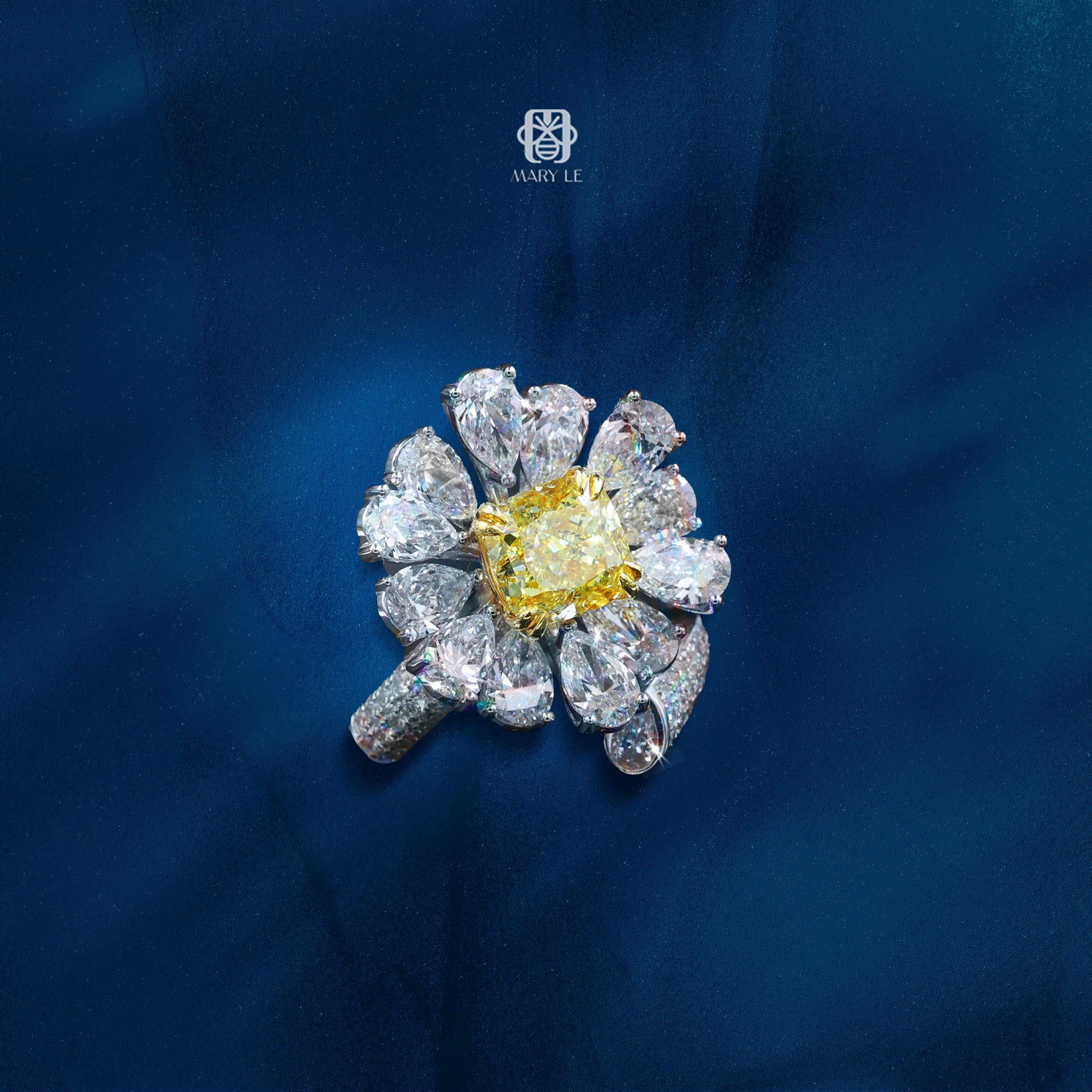 Solar Blossom Cushion Fancy Deep Yellow Diamond Ring | M252