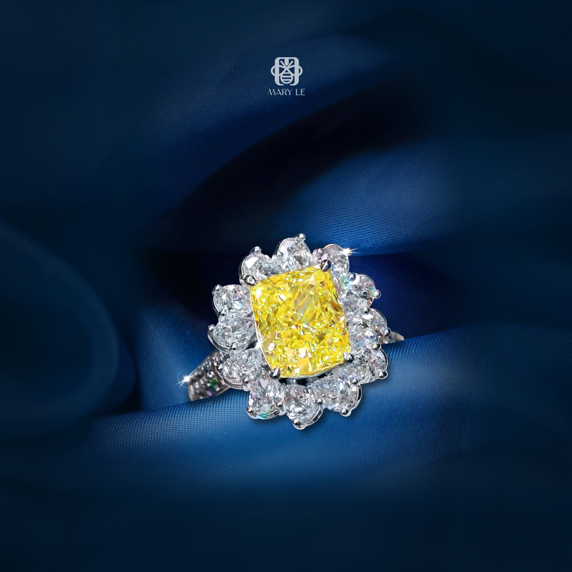 Solar Blossom Cushion Fancy Intense Yellow Diamond Ring | M428
